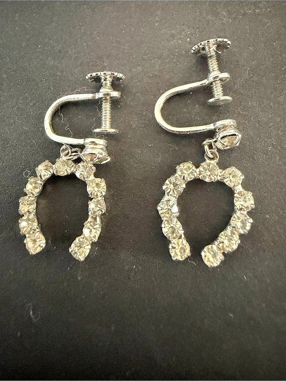 Vintage Clear Rhinestone Screw Back Clip On Earrings Silver Horseshoe Drop